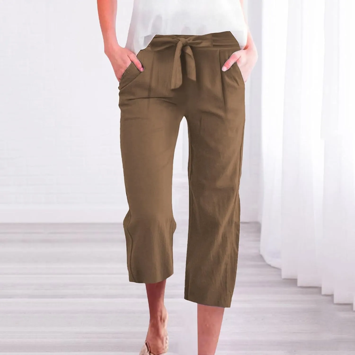 Cotton Linen Capri Pants for Women High Elastic Waisted Drawstring Cropped Wide Leg Linen Palazzo Trouser with Pocket