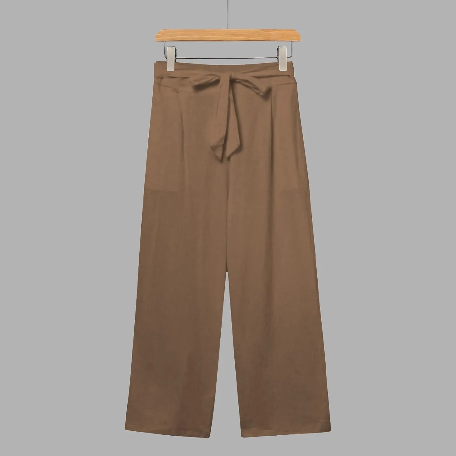 Cotton Linen Capri Pants for Women High Elastic Waisted Drawstring Cropped Wide Leg Linen Palazzo Trouser with Pocket