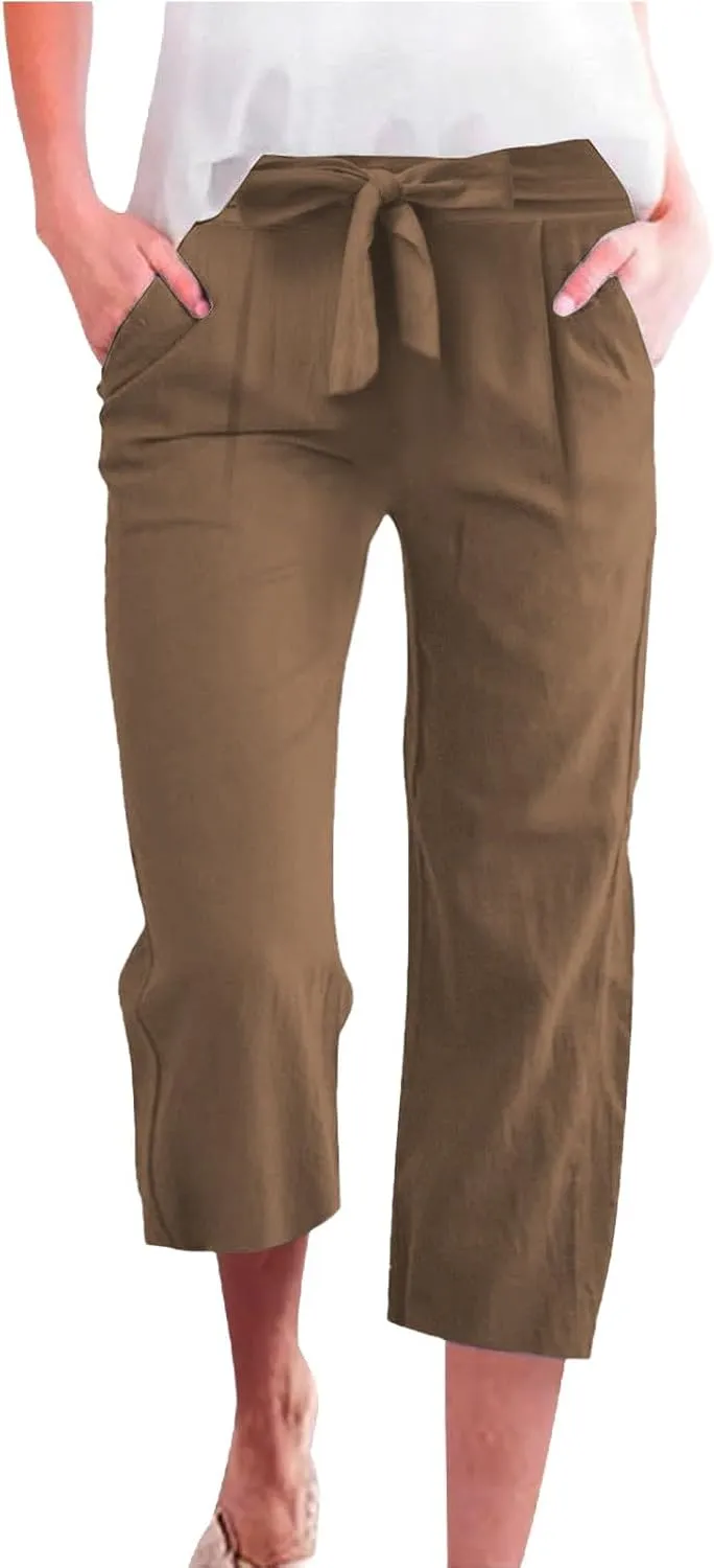 Cotton Linen Capri Pants for Women High Elastic Waisted Drawstring Cropped Wide Leg Linen Palazzo Trouser with Pocket
