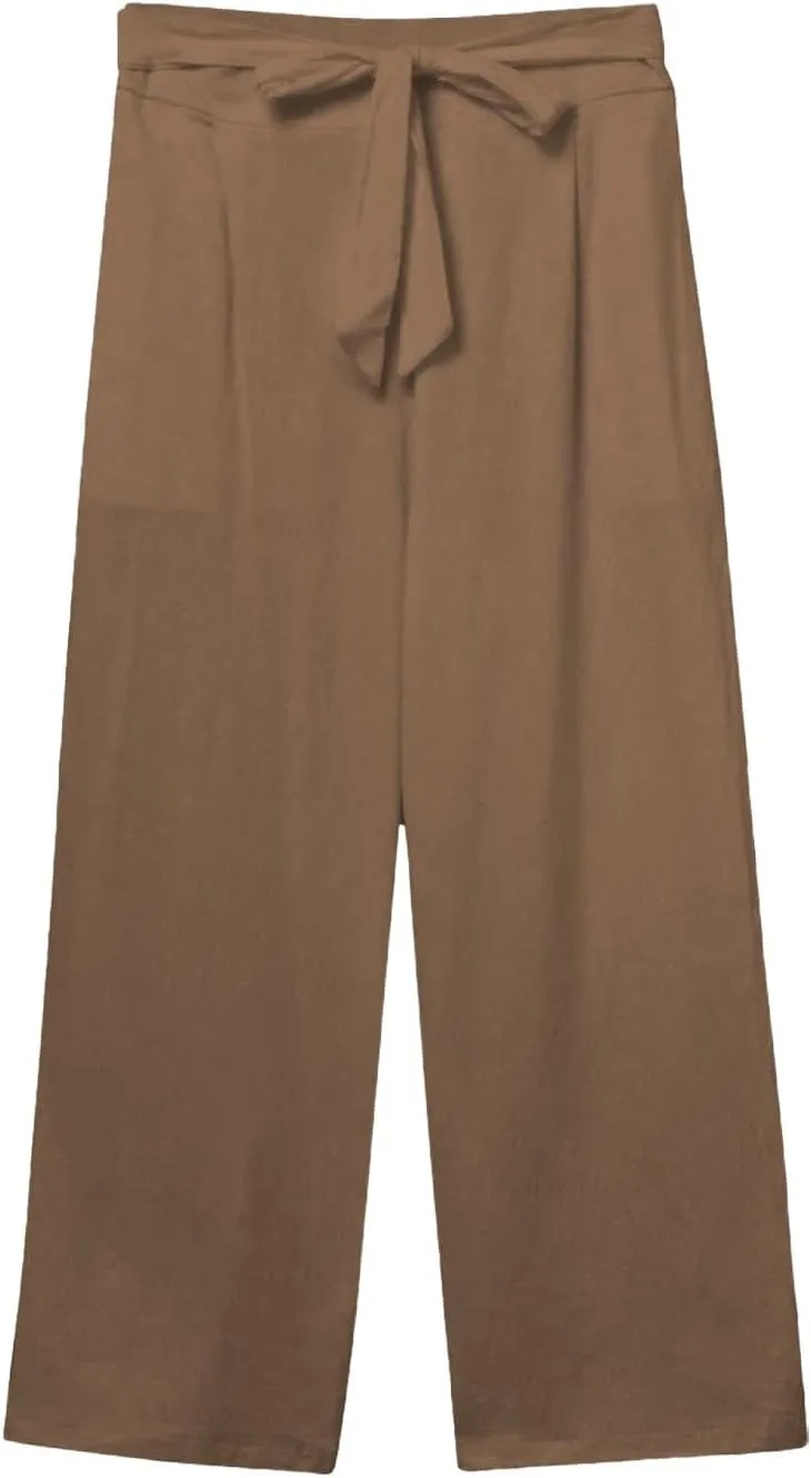 Cotton Linen Capri Pants for Women High Elastic Waisted Drawstring Cropped Wide Leg Linen Palazzo Trouser with Pocket
