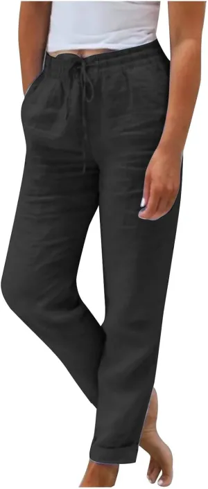 Cotton Linen Cropped Pants for Women Fashion Drawstring Solid Pant Boho Beach Comfy Slacks 2025 Summer Travel Clothes
