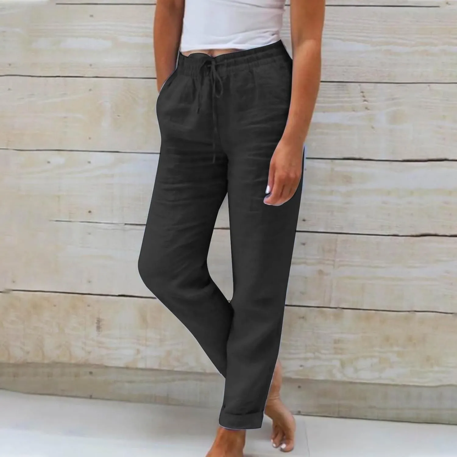 Cotton Linen Cropped Pants for Women Fashion Drawstring Solid Pant Boho Beach Comfy Slacks 2025 Summer Travel Clothes
