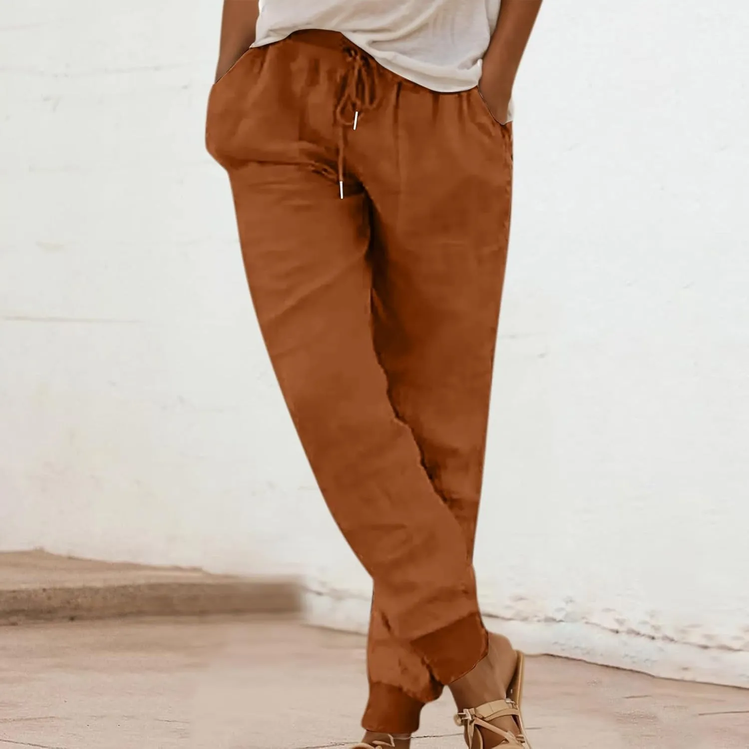 Cotton Linen Pants for Women Summer Causal Baggy Wide Leg Pants Loose Solid Drawstring Elastic High Waist Beach Trouser