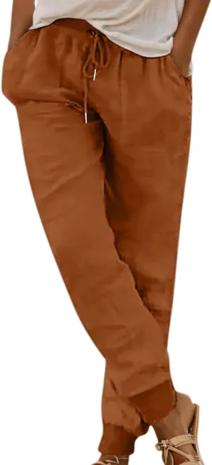 Cotton Linen Pants for Women Summer Causal Baggy Wide Leg Pants Loose Solid Drawstring Elastic High Waist Beach Trouser