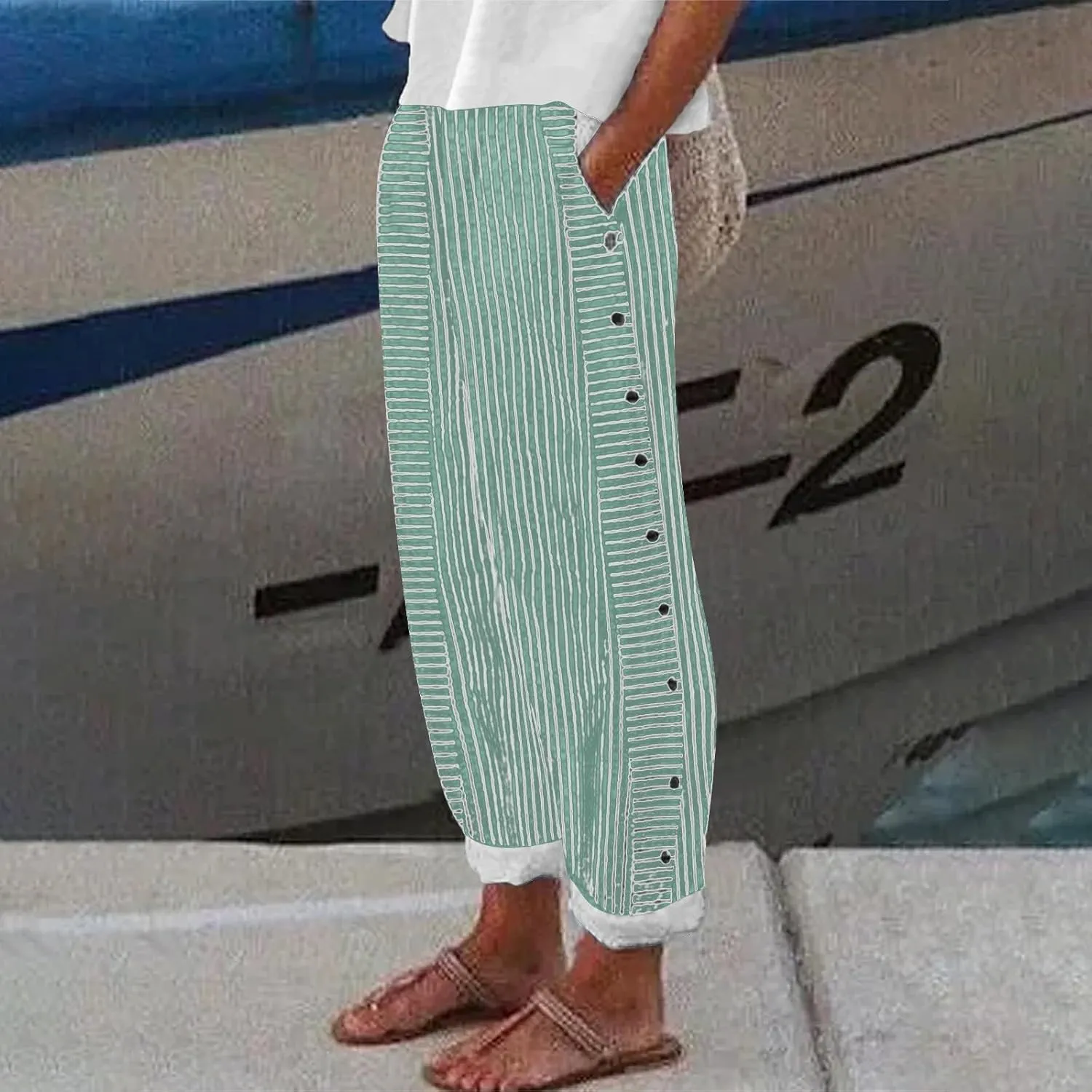 Cotton Linen Pants Women Casual Pant Lightweight Summer Elastic Waist Plus Size Lounge Long Trousers