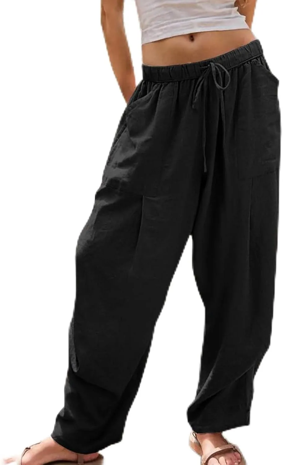 Cotton Linen Pants Women Summer Palazzo Harem Pant Drawstring Lantern Beach Vacation Lounge Trendy Trousers with Pocket