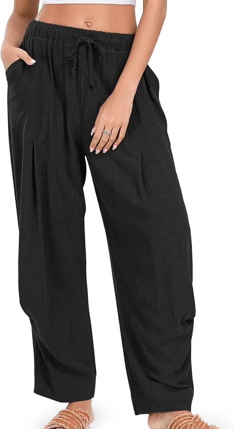 Cotton Linen Pants Women Summer Palazzo Harem Pant Drawstring Lantern Beach Vacation Lounge Trendy Trousers with Pocket