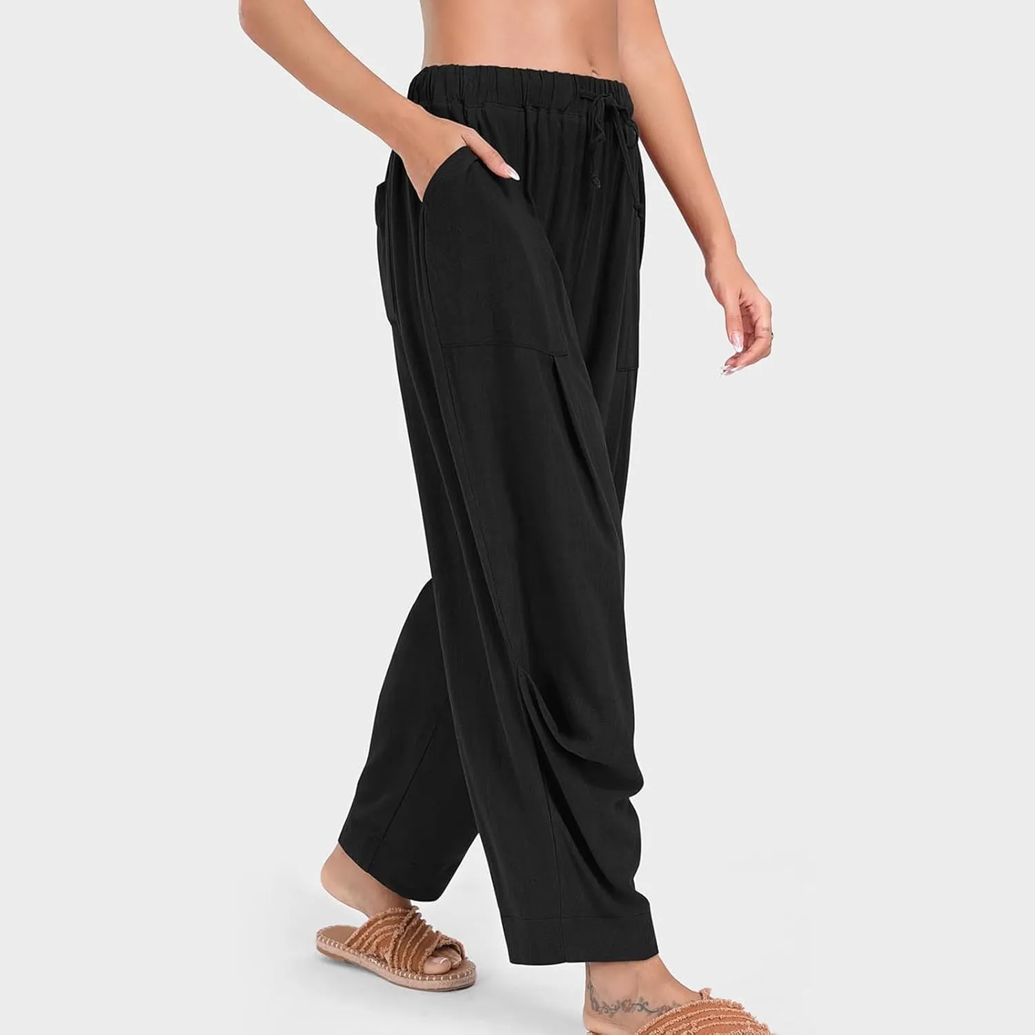 Cotton Linen Pants Women Summer Palazzo Harem Pant Drawstring Lantern Beach Vacation Lounge Trendy Trousers with Pocket