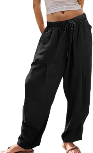 Cotton Linen Pants Women Summer Palazzo Harem Pant Drawstring Lantern Beach Vacation Lounge Trendy Trousers with Pocket