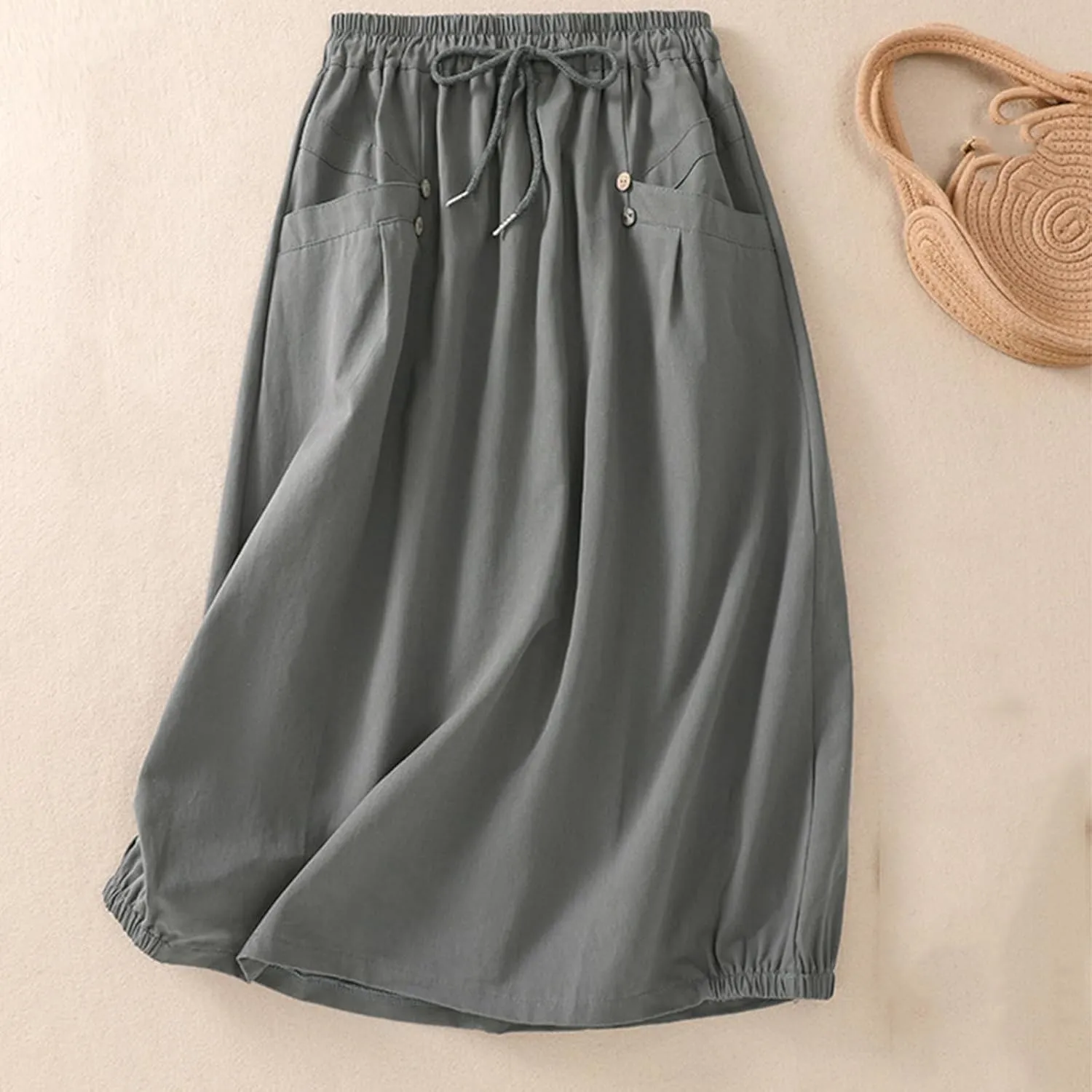 Cotton Linen Skirts for Women Casual Teacher Work A Line Flowy Skirt Drawstring High Waist Midi Skirt with Pockets