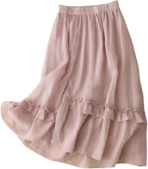 Cotton Linen Skirts for Women Summer Elastic High Waisted Ruffled Flowy Midi Skirt Casual Summer Ruched Loose Skorts