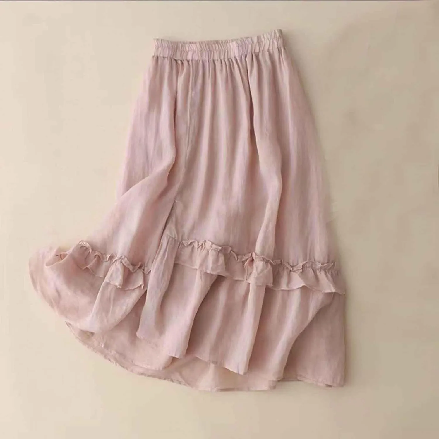 Cotton Linen Skirts for Women Summer Elastic High Waisted Ruffled Flowy Midi Skirt Casual Summer Ruched Loose Skorts