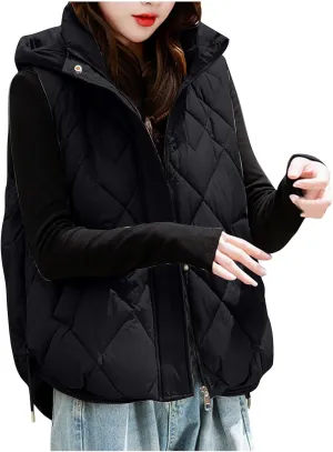 Cotton-Padded Gilet for Women Diamond Sleeveless Hooded Vest Lightweight Stand Collar Zip Up Open Thicken Waistcoat