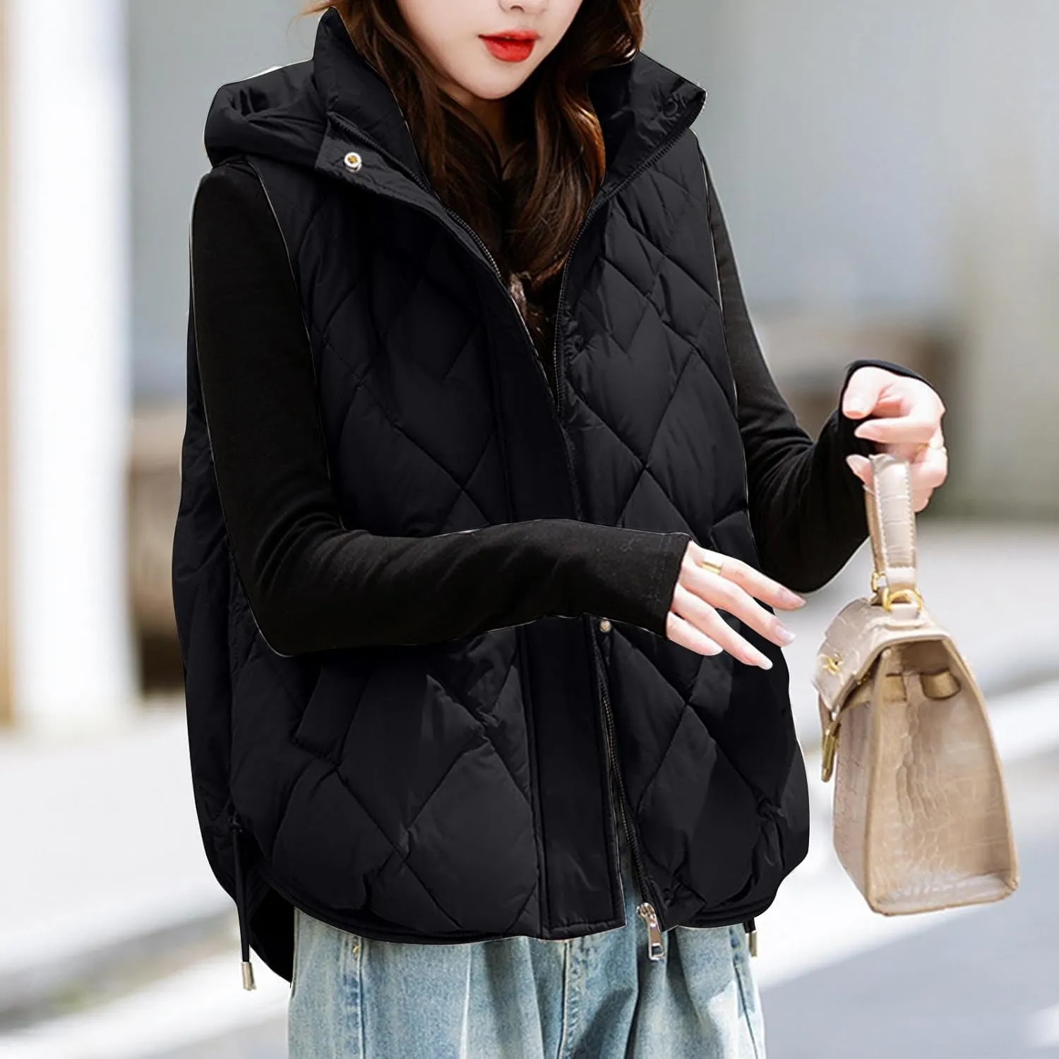 Cotton-Padded Gilet for Women Diamond Sleeveless Hooded Vest Lightweight Stand Collar Zip Up Open Thicken Waistcoat