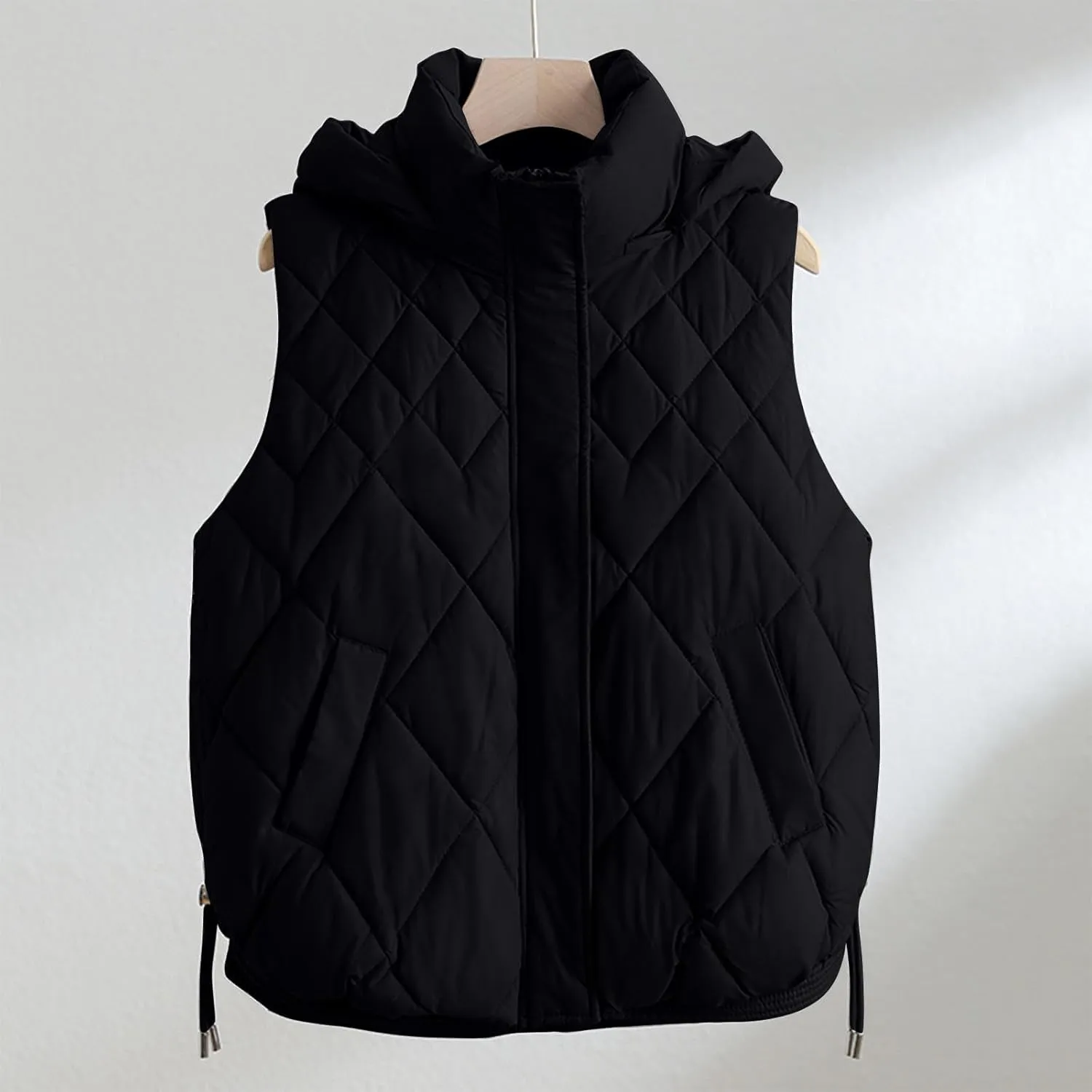 Cotton-Padded Gilet for Women Diamond Sleeveless Hooded Vest Lightweight Stand Collar Zip Up Open Thicken Waistcoat