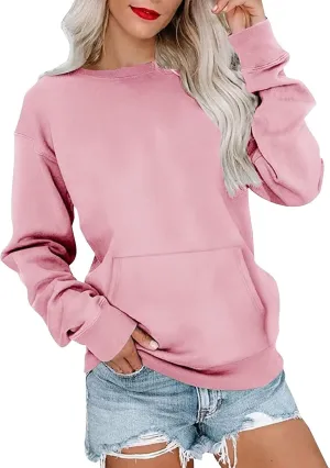 Crewneck Sweatshirts Women Fleece Sweatshirt with Pocket Long Sleeve Shirts Hoodies Pullover Cute Sweaters Tops