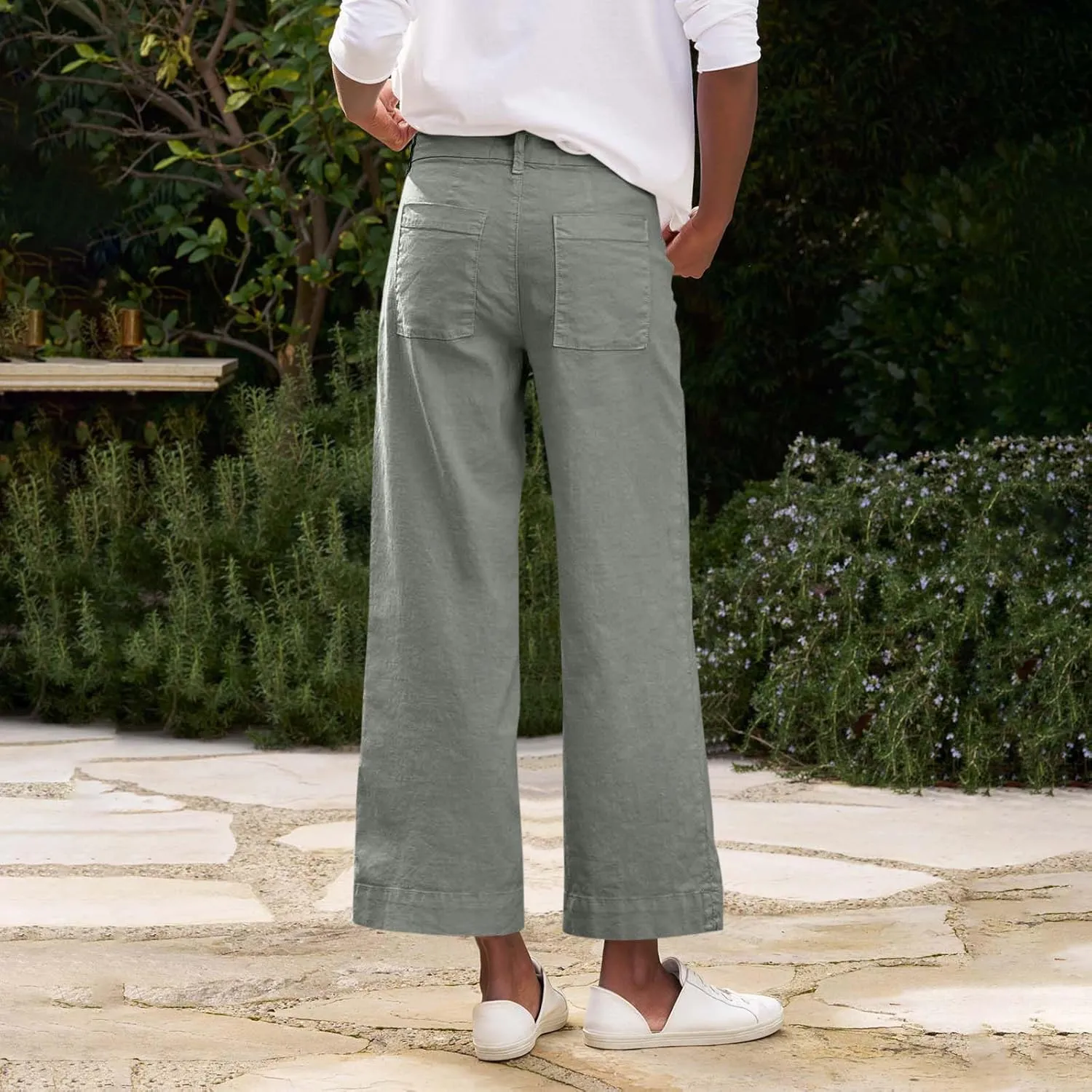 Cropped Linen Pants Women Elastic Waist Wide Leg Dress Pants Comfy Business Casual Work Pants Trousers with Pockets