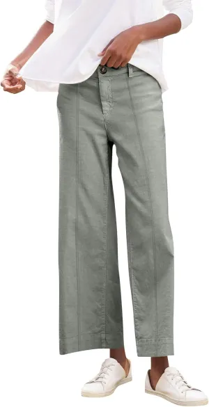 Cropped Linen Pants Women Elastic Waist Wide Leg Dress Pants Comfy Business Casual Work Pants Trousers with Pockets