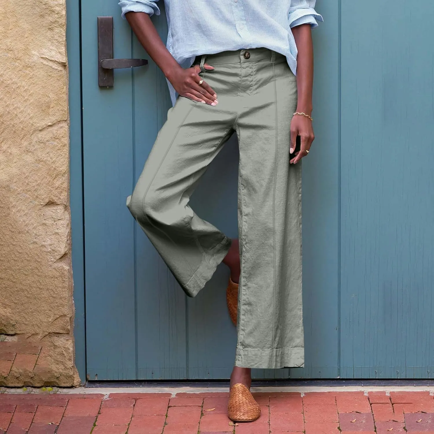 Cropped Linen Pants Women Elastic Waist Wide Leg Dress Pants Comfy Business Casual Work Pants Trousers with Pockets