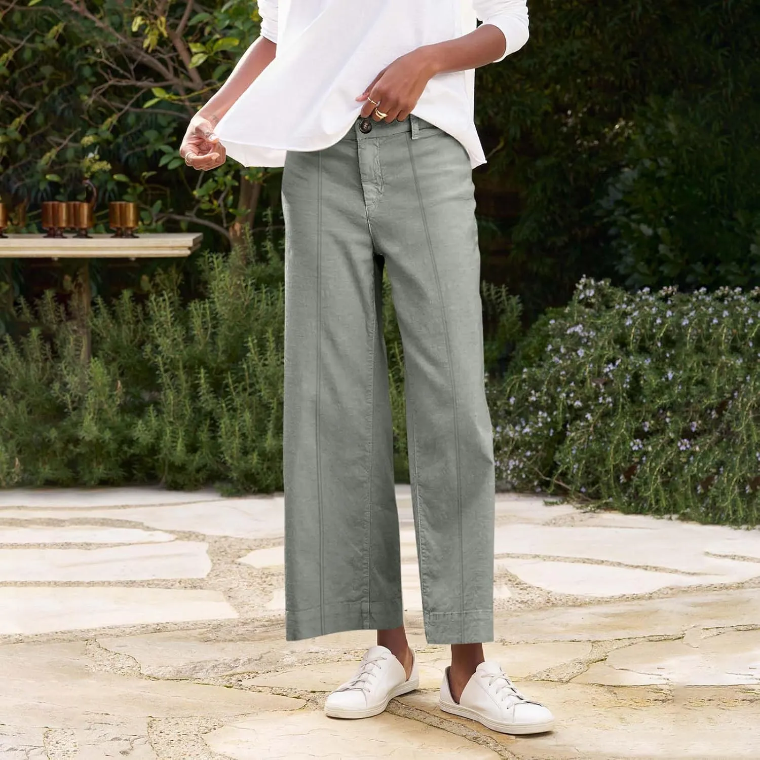 Cropped Linen Pants Women Elastic Waist Wide Leg Dress Pants Comfy Business Casual Work Pants Trousers with Pockets