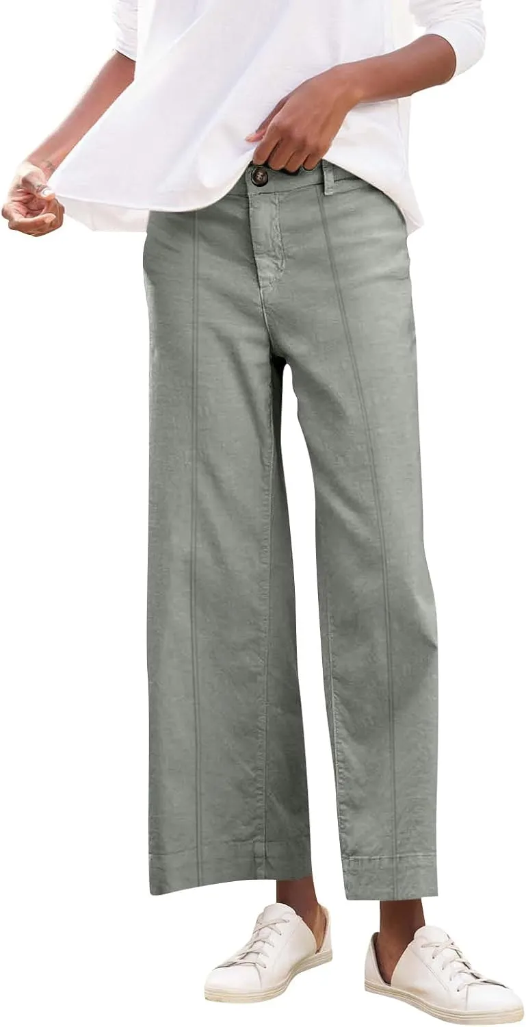 Cropped Linen Pants Women Elastic Waist Wide Leg Dress Pants Comfy Business Casual Work Pants Trousers with Pockets