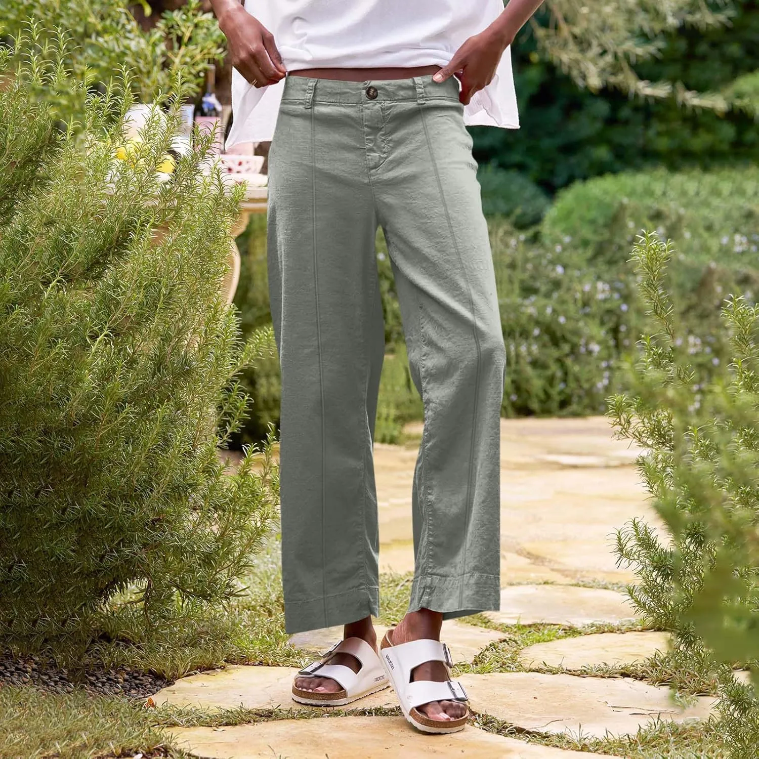 Cropped Linen Pants Women Elastic Waist Wide Leg Dress Pants Comfy Business Casual Work Pants Trousers with Pockets