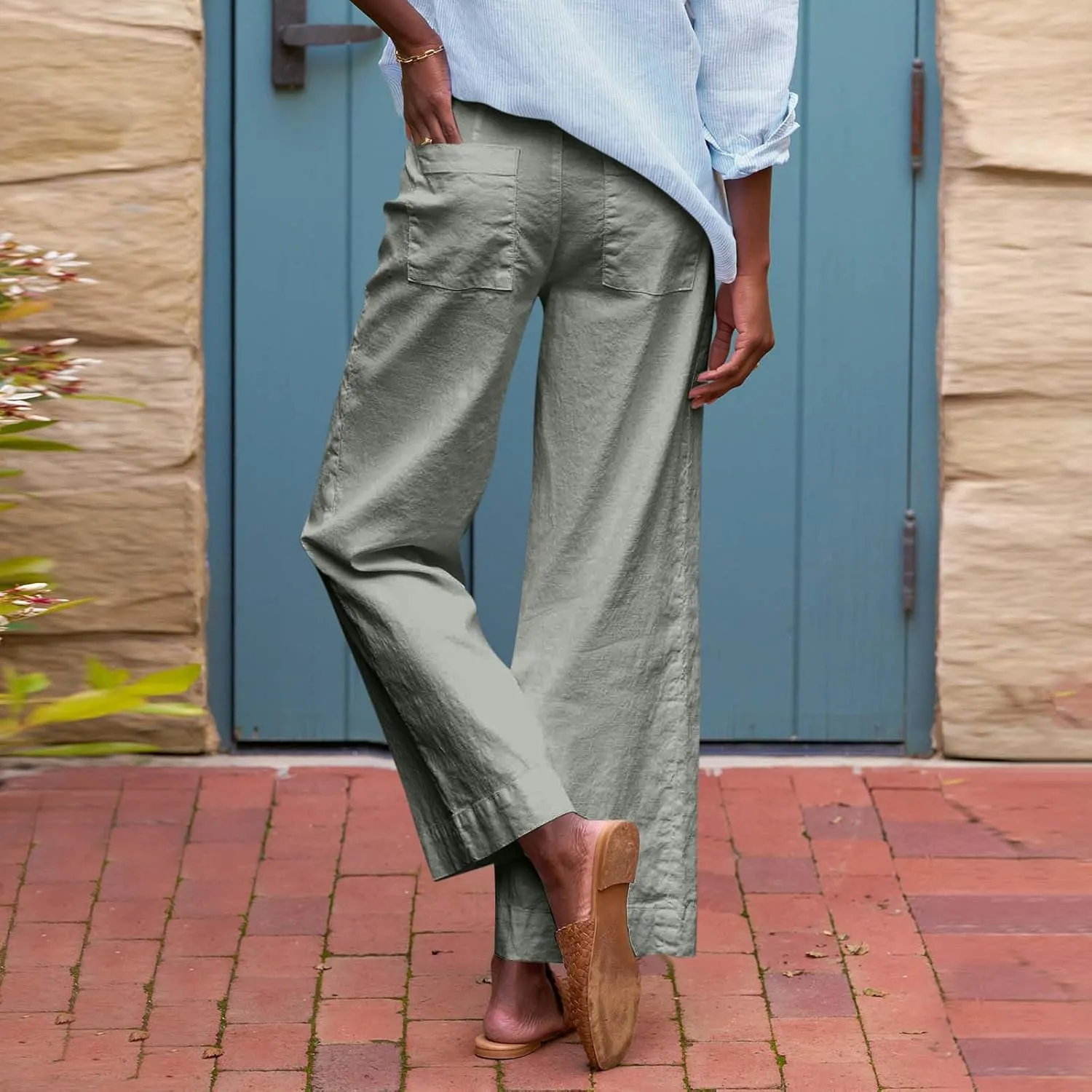 Cropped Linen Pants Women Elastic Waist Wide Leg Dress Pants Comfy Business Casual Work Pants Trousers with Pockets