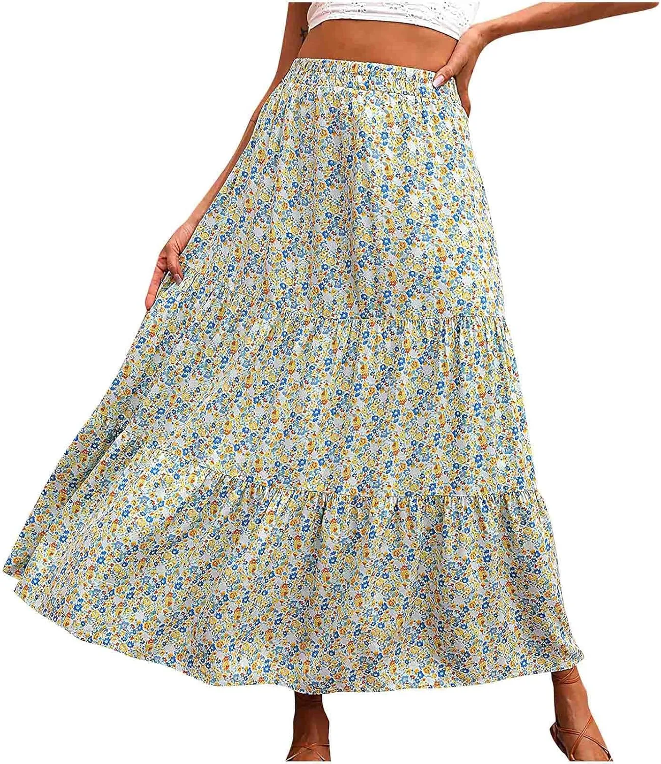 Cute Boho Floral Maxi Skirt Women Summer Ruffle High Waisted Flowy A-Line Skirts Casual Pleated Skirt with Pockets
