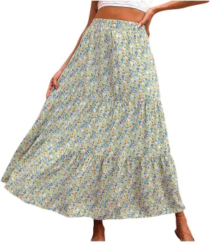 Cute Boho Floral Maxi Skirt Women Summer Ruffle High Waisted Flowy A-Line Skirts Casual Pleated Skirt with Pockets