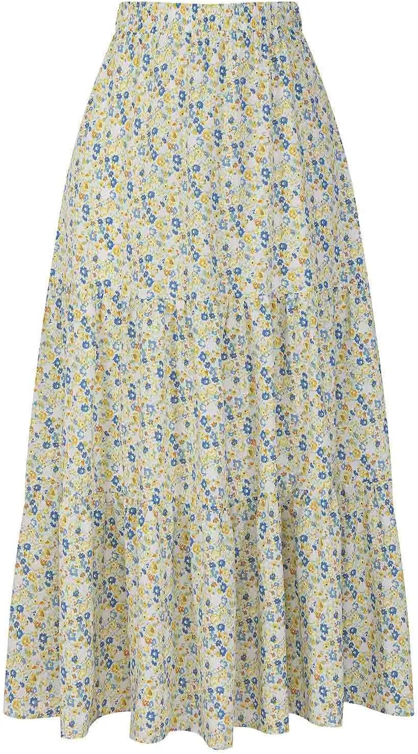 Cute Boho Floral Maxi Skirt Women Summer Ruffle High Waisted Flowy A-Line Skirts Casual Pleated Skirt with Pockets