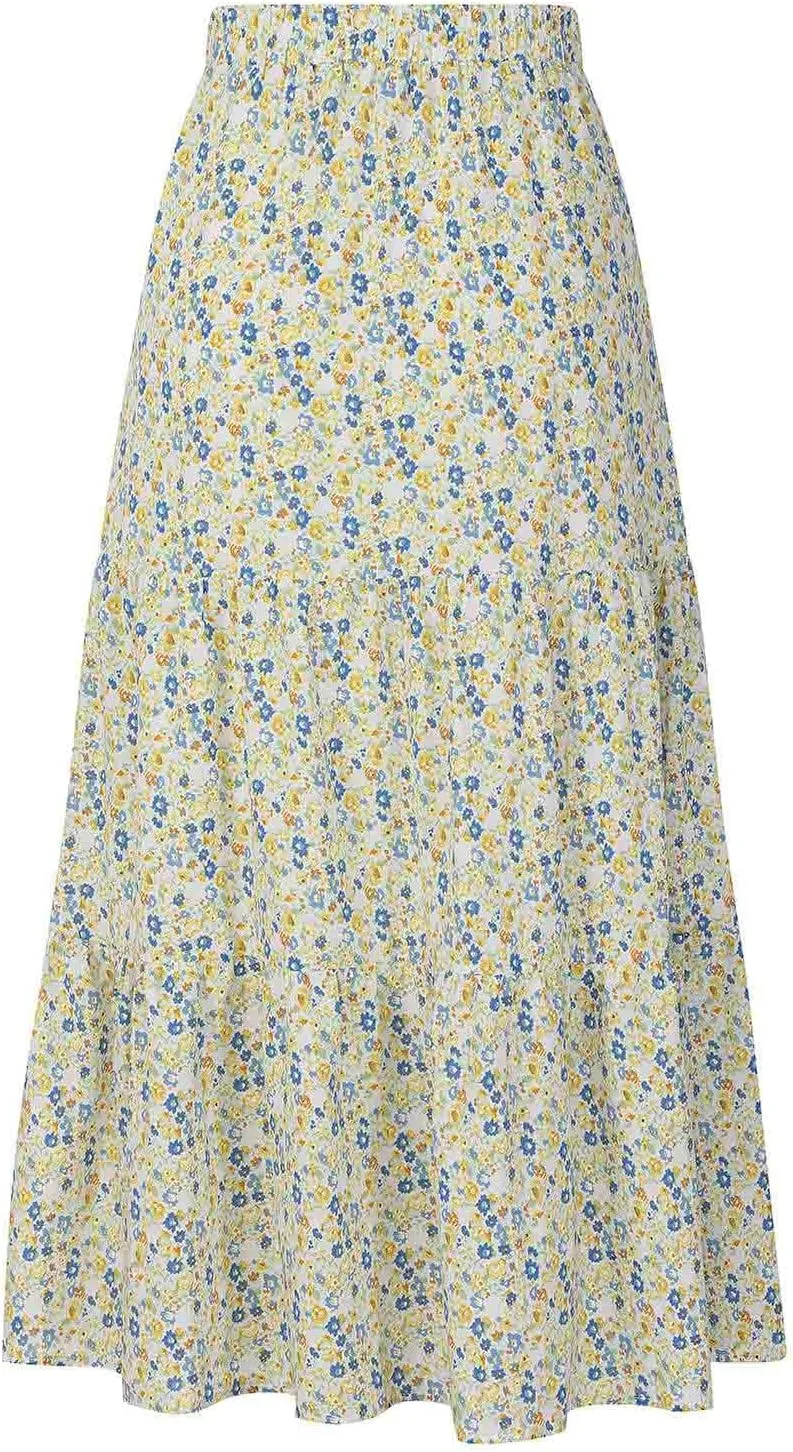 Cute Boho Floral Maxi Skirt Women Summer Ruffle High Waisted Flowy A-Line Skirts Casual Pleated Skirt with Pockets