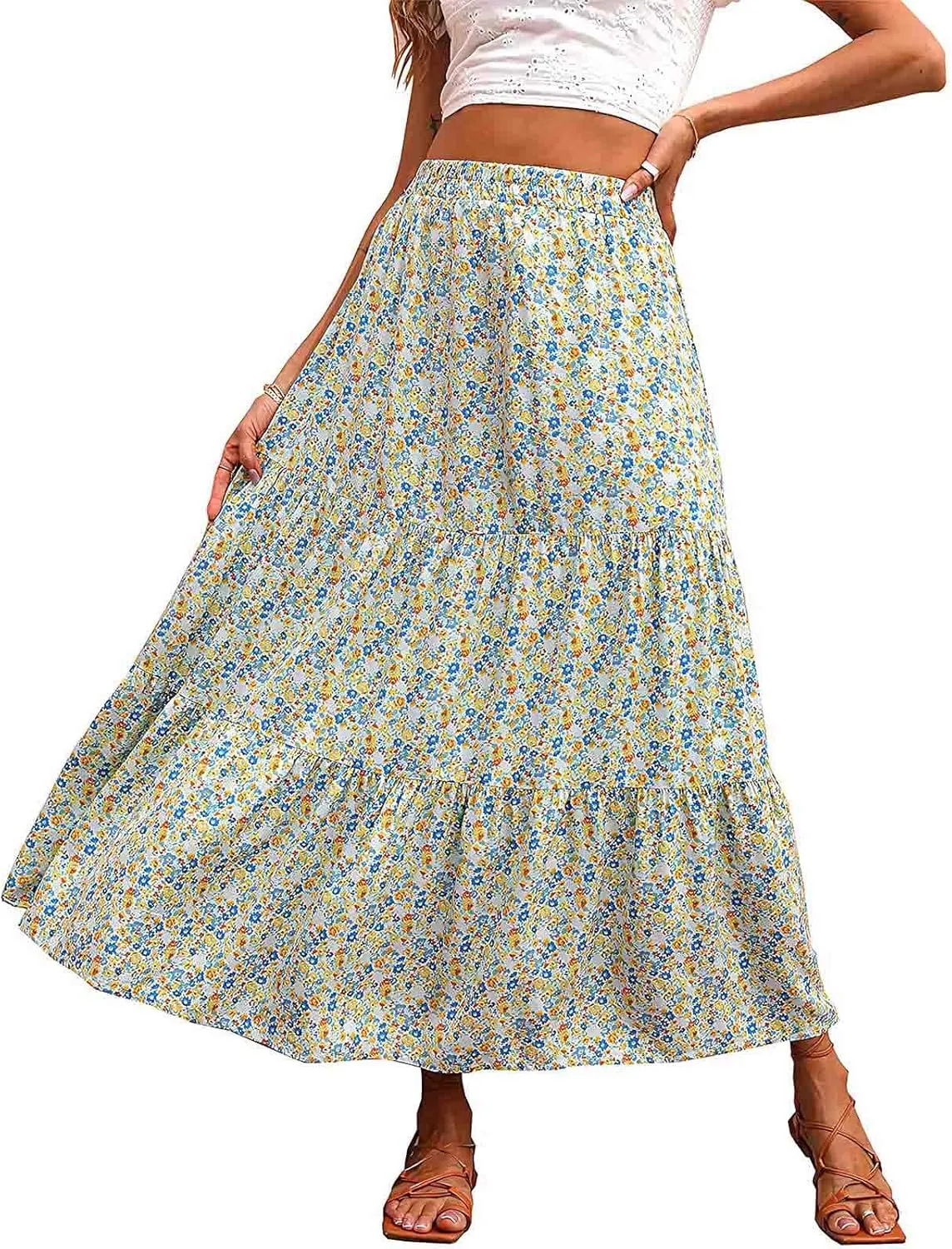 Cute Boho Floral Maxi Skirt Women Summer Ruffle High Waisted Flowy A-Line Skirts Casual Pleated Skirt with Pockets