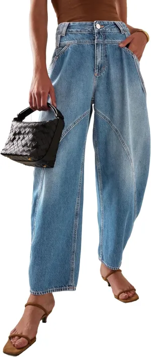 D-Sun Women Baggy Barrel Jeans Wide Leg High Waist Jeans Barrel Denim Pants Boyfriend Y2K