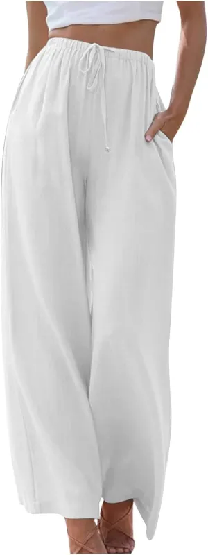 DASAYO Women's Summer Wide Leg Linen Pants Casual Beach Drawstring Long Pant Trouser Solid Loose Cute Lounge Spring Trousers