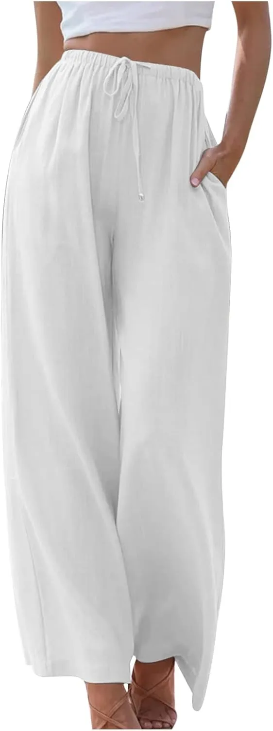 DASAYO Women's Summer Wide Leg Linen Pants Casual Beach Drawstring Long Pant Trouser Solid Loose Cute Lounge Spring Trousers