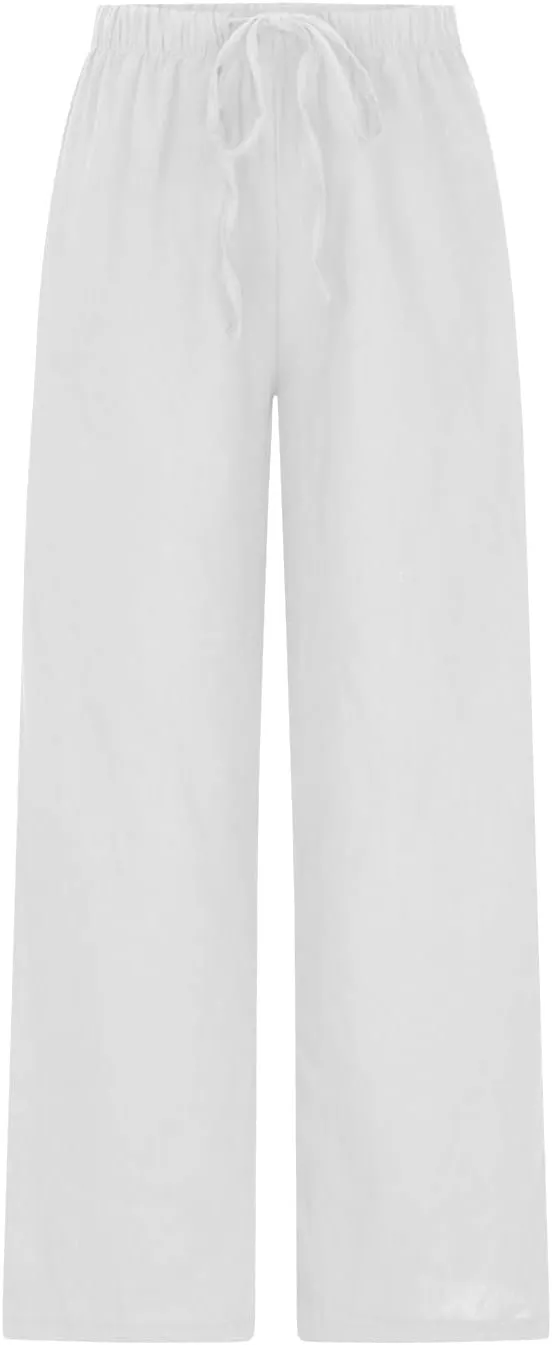 DASAYO Women's Summer Wide Leg Linen Pants Casual Beach Drawstring Long Pant Trouser Solid Loose Cute Lounge Spring Trousers