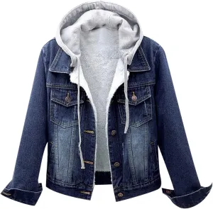 DDAPJ pyju Women's Warm Denim Jacket with Detachable Hood Fleece Lined Denim Coat Pockets Casual Winter Hoodies Jackets