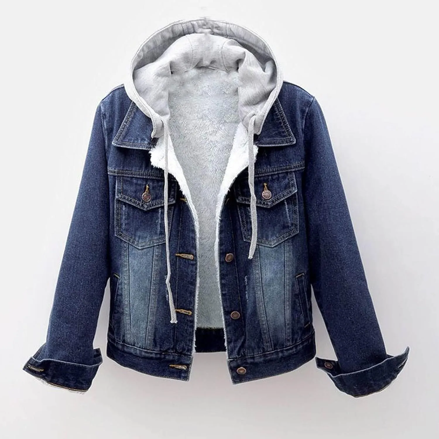 DDAPJ pyju Women's Warm Denim Jacket with Detachable Hood Fleece Lined Denim Coat Pockets Casual Winter Hoodies Jackets
