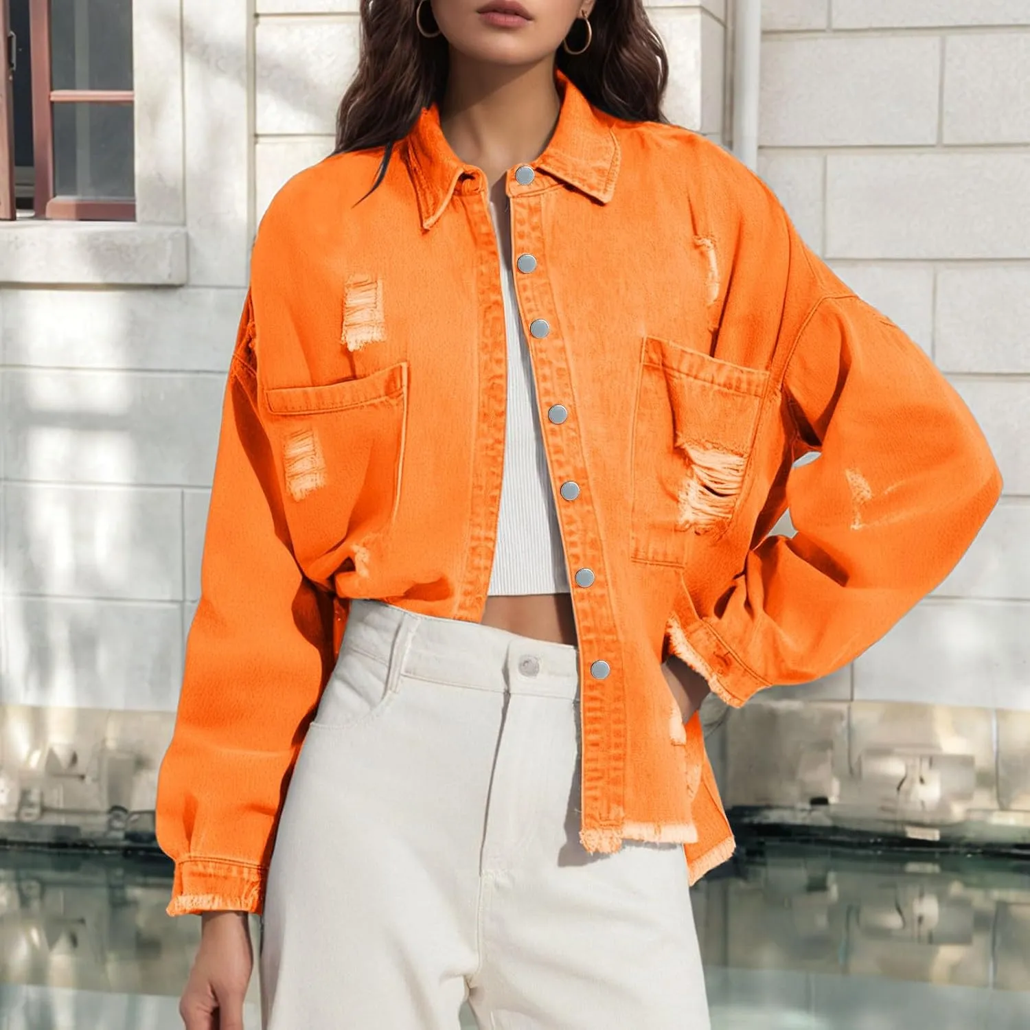Denim Jackets Womens Trendy Long Sleeve Button Shirt Jacket Jean Shacket with Pocket Western Shacket Jacket Work Jacket