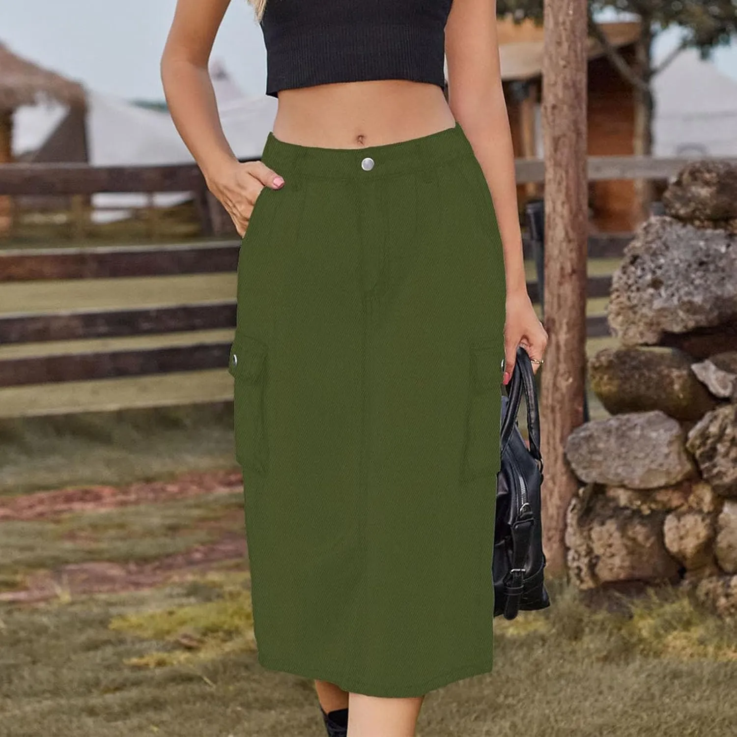 Denim Skirt for Women Below Knee Length High Waisted Jean Skirts Trendy Casual Cute Midi Cargo Skirt Y2K Streetwear