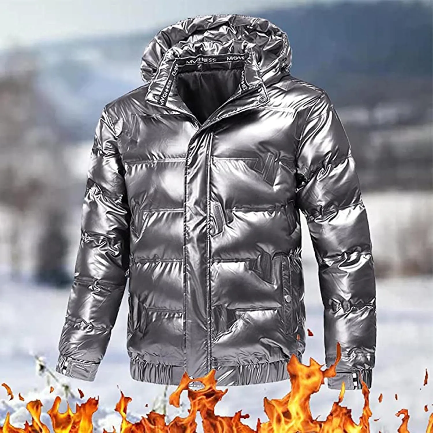 Dgoopd Winter Warm Men Puffer Coat Waterproof Lightweight Down Jacket Shiny Hooded Reflective Down Jacket Padded Jacket Coat