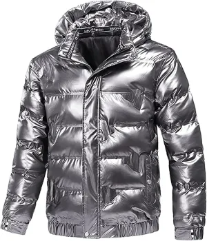 Dgoopd Winter Warm Men Puffer Coat Waterproof Lightweight Down Jacket Shiny Hooded Reflective Down Jacket Padded Jacket Coat