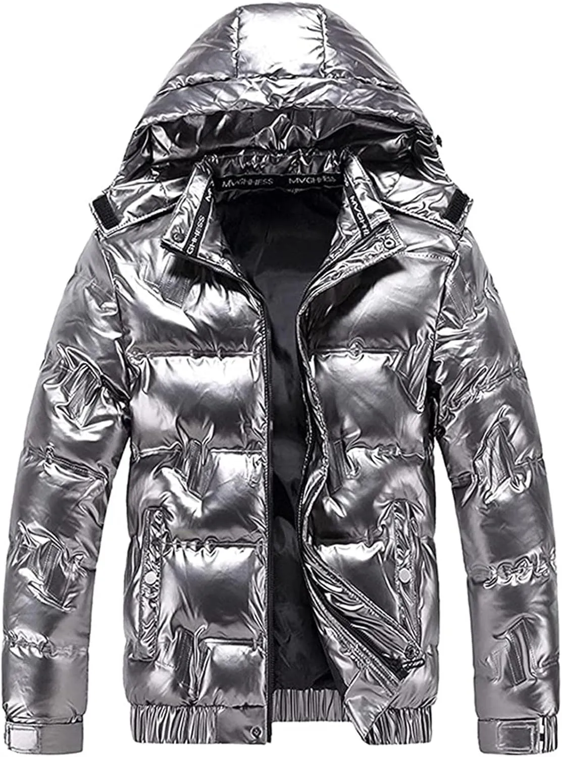 Dgoopd Winter Warm Men Puffer Coat Waterproof Lightweight Down Jacket Shiny Hooded Reflective Down Jacket Padded Jacket Coat