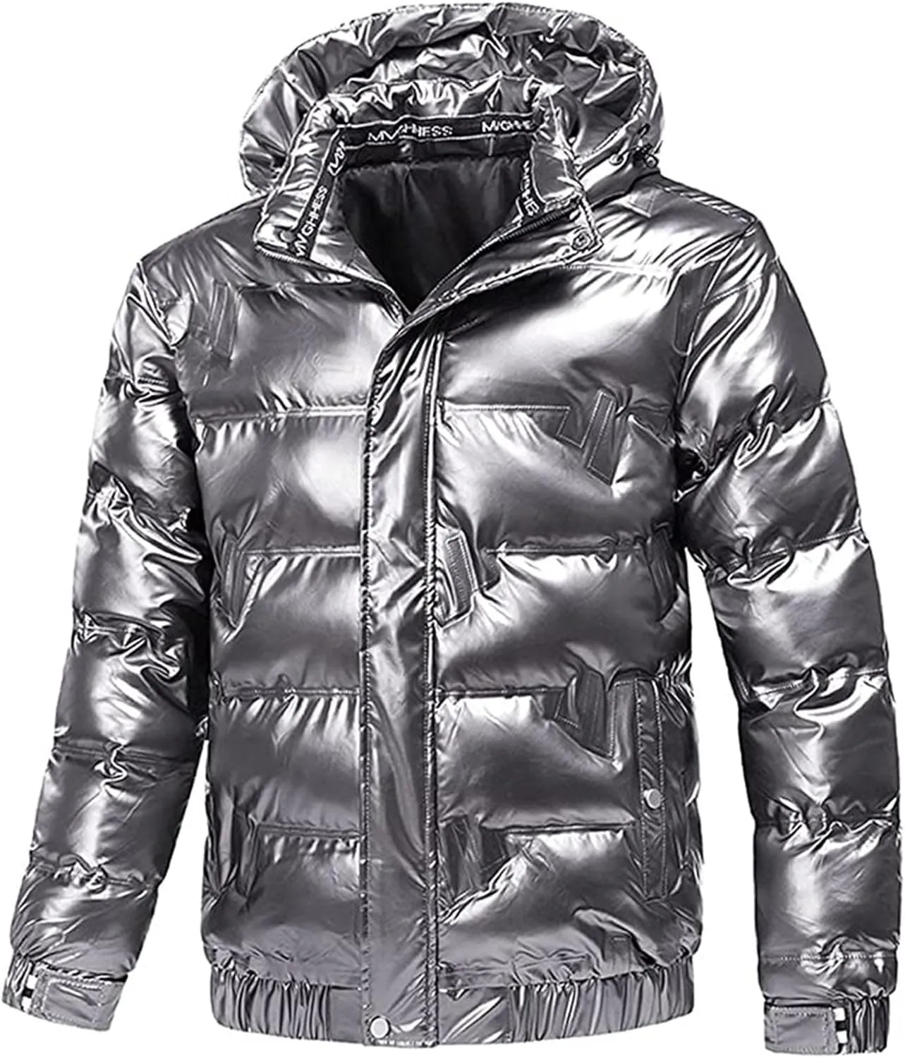 Dgoopd Winter Warm Men Puffer Coat Waterproof Lightweight Down Jacket Shiny Hooded Reflective Down Jacket Padded Jacket Coat