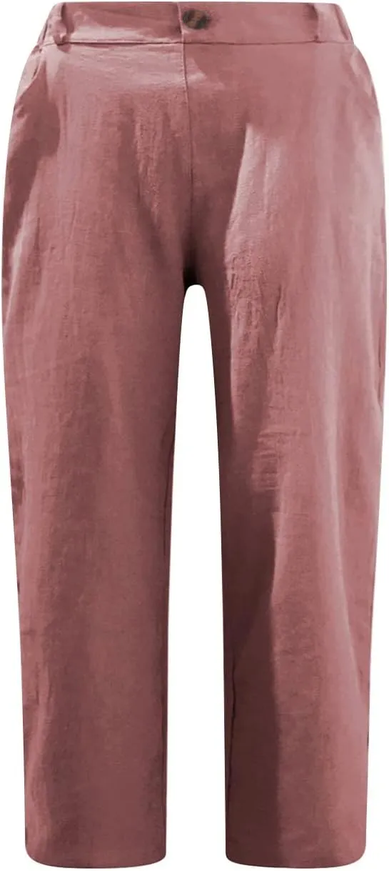 DGZTWLL Linen Capri Pants for Women Casual Summer Petite to Plus Size Loose Fit Elastic Wide Leg Trousers for Women
