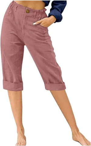 DGZTWLL Linen Capri Pants for Women Casual Summer Petite to Plus Size Loose Fit Elastic Wide Leg Trousers for Women