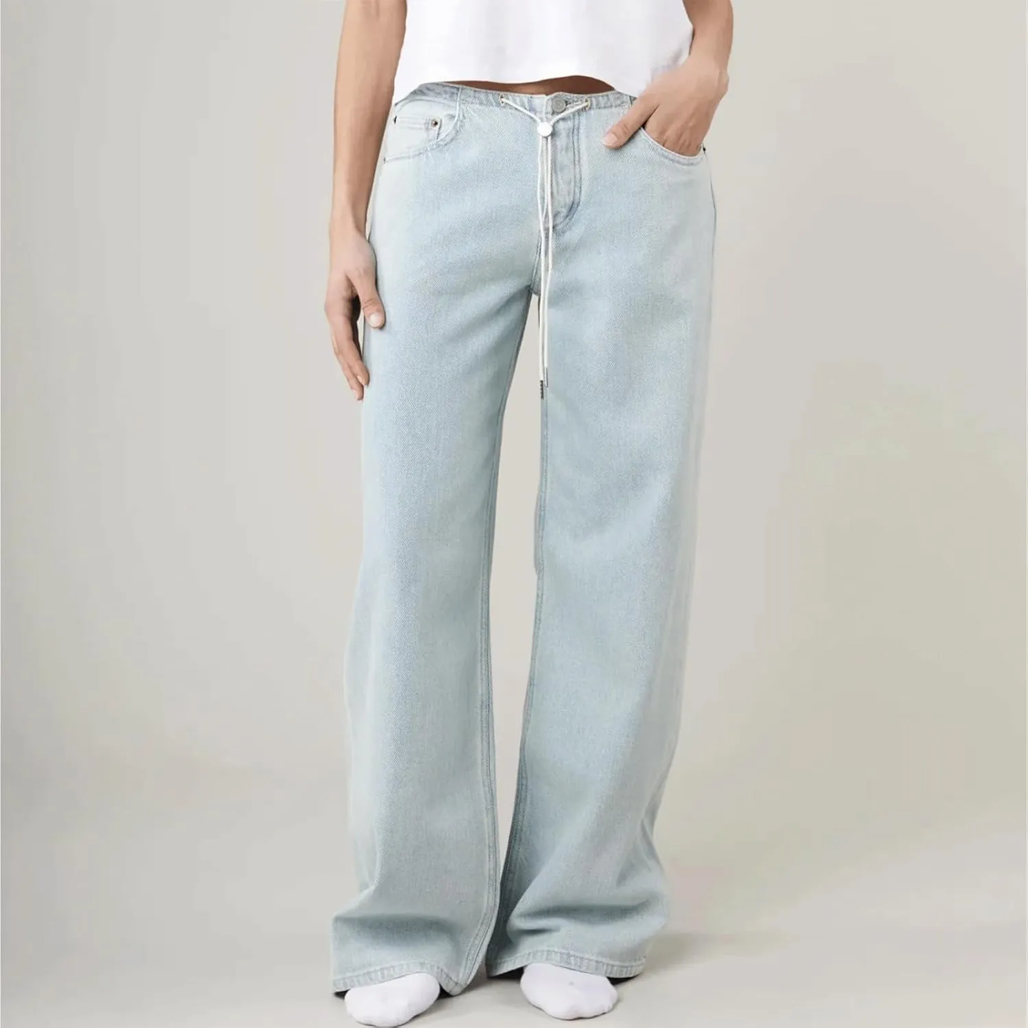 Drawstring Jeans Women Wide Leg Baggy Denim Pants Streetwear Vintage Y2K Clean Girl Cute Jeans