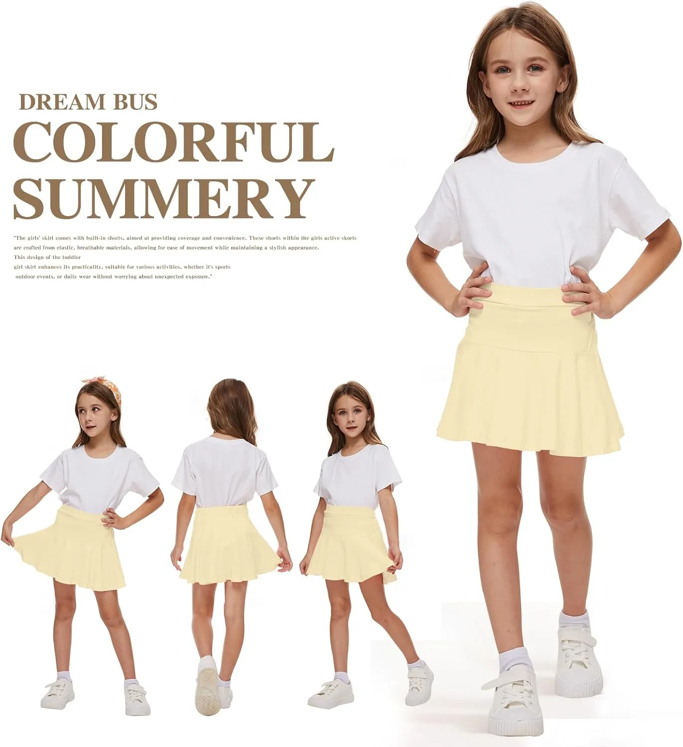 DREAM BUS Girl Pleated Skirts Built in Shorts Little Kid Tennis Skorts Toddler Girl Athletic Skorts Flowy Skirts
