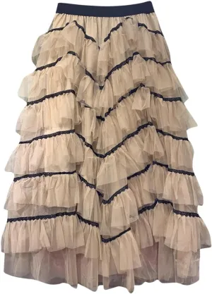 Elegant Layered Ruffle Tulle Skirts for Women High Waist Long Fairy Skirt High Elastic Waist A-Line Mesh Tutu Skirt
