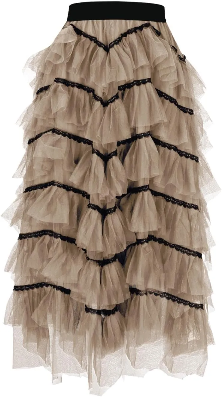 Elegant Layered Ruffle Tulle Skirts for Women High Waist Long Fairy Skirt High Elastic Waist A-Line Mesh Tutu Skirt
